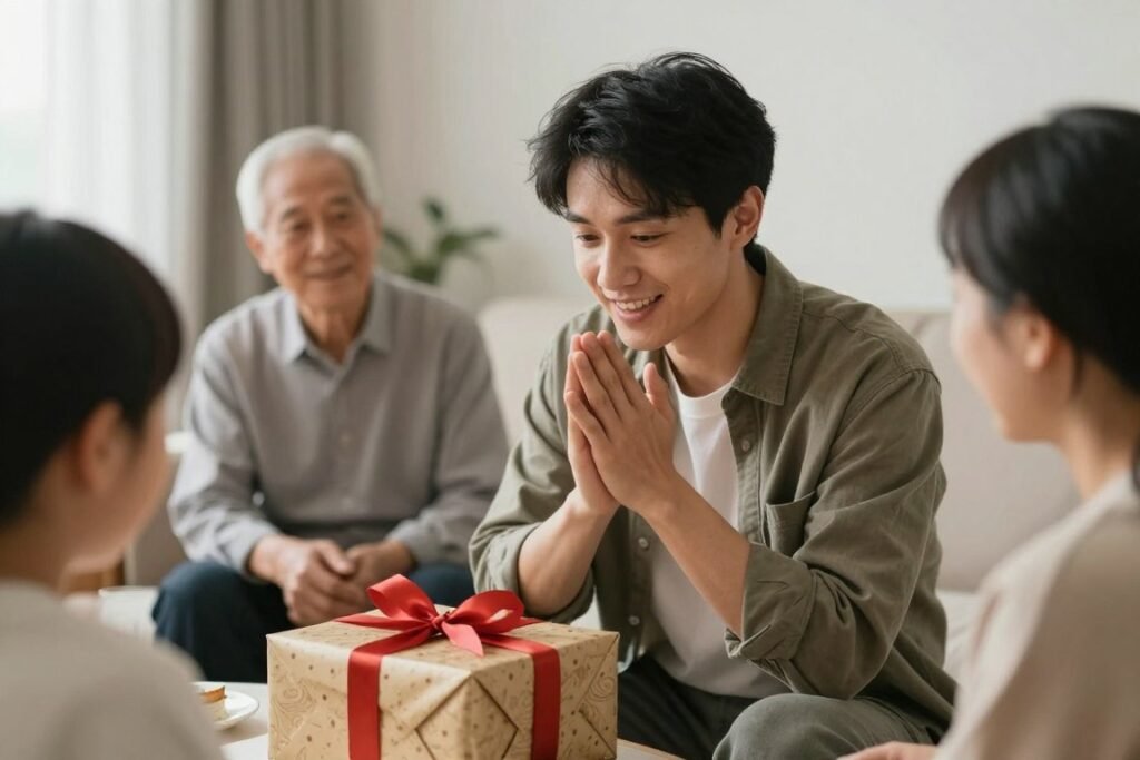 A young adult man opening a birthday gift at a family gathering, with expressions of appreciation and joy