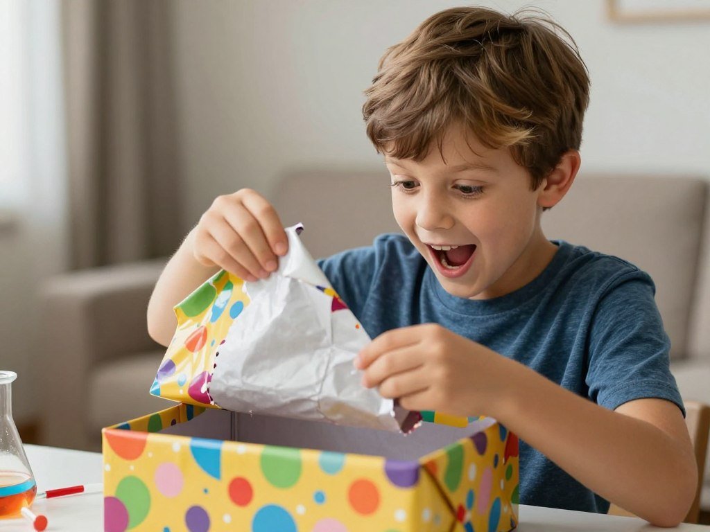 A young boy excitedly opening a birthday present containing a science kit