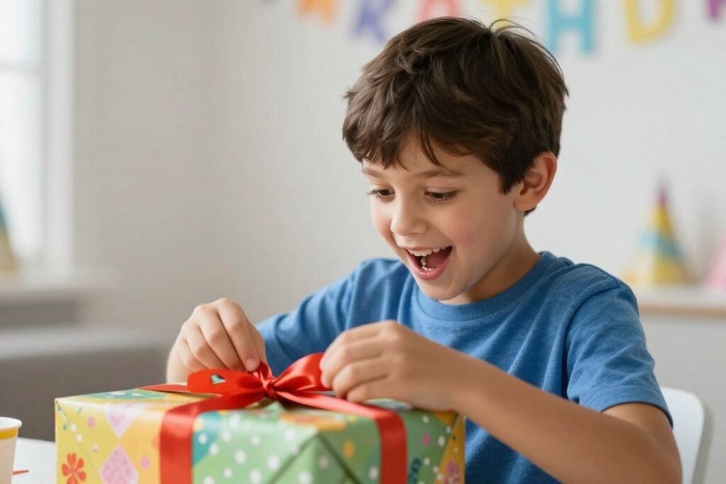 A young boy excitedly opening a colorful birthday present, with a look of joy and anticipation on his face