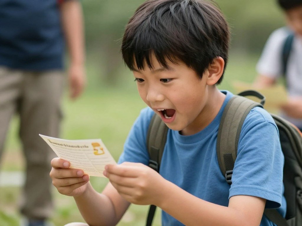 A young boy participating in a birthday treasure hunt, excitedly finding a clue