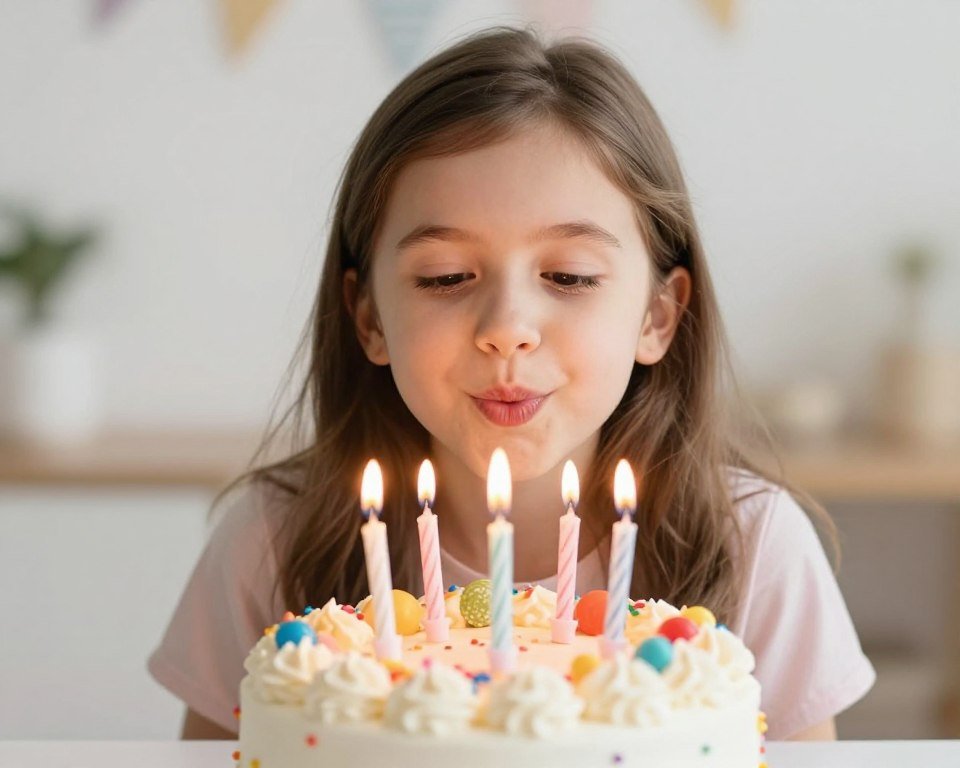 A young girl smiling while blowing out birthday candles on a colorful cake, no text overlay