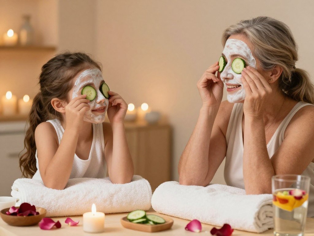 A young granddaughter enjoying a spa day birthday celebration with her grandmother, with face masks, nail polish, and relaxation activities in a cozy, decorated space