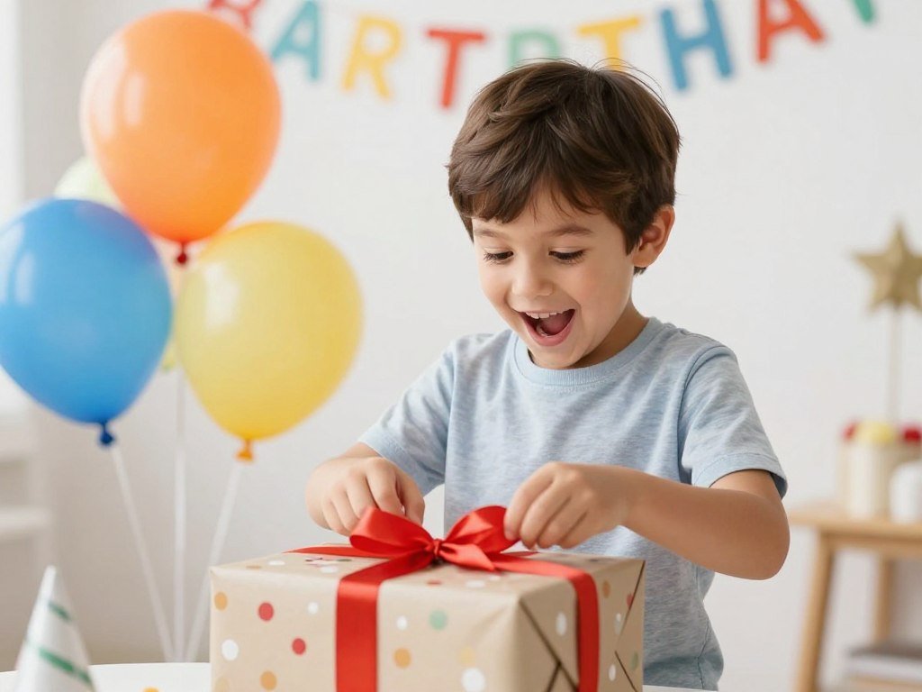 A young grandson opening a birthday present with excitement while surrounded by colorful balloons