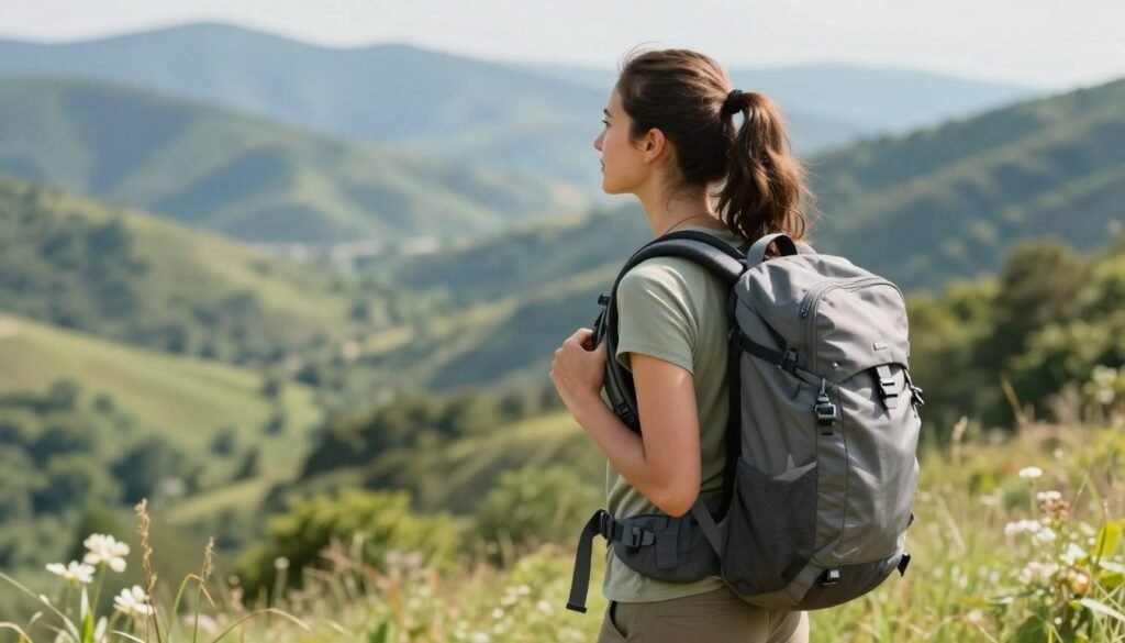 A young woman hiking in nature with a backpack, enjoying an outdoor adventure, no text overlay A young woman hiking in nature with a backpack, enjoying an outdoor adventure, no text overlay