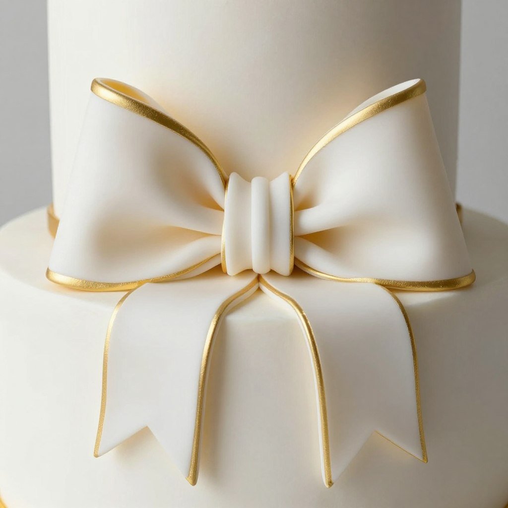 Abstract geometric bow cake design in gold and white