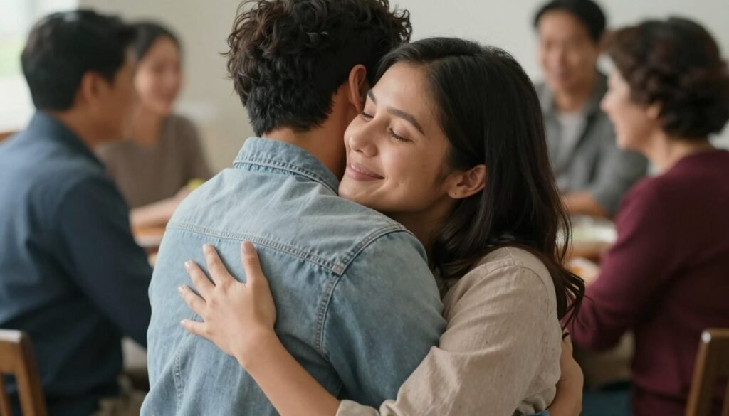 Adult cousins embracing at a family gathering, showing their strong bond