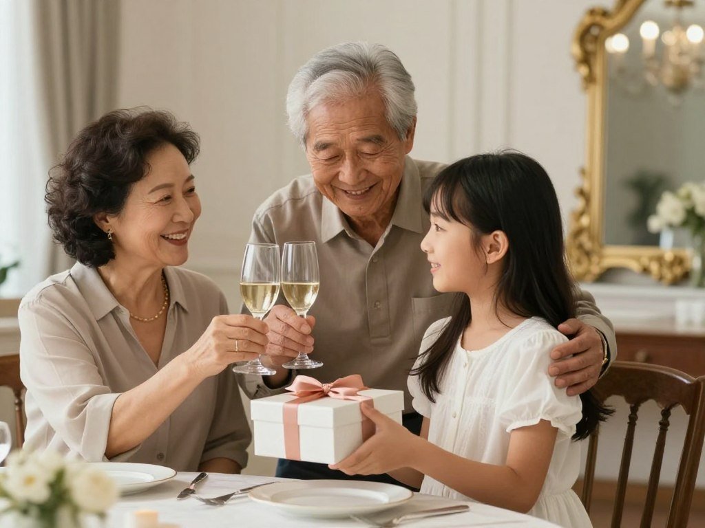 An adult granddaughter celebrating her birthday with grandparents, showing the evolution of their relationship with meaningful gifts and emotional connection