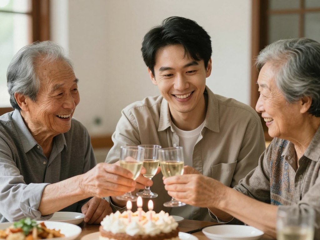 An adult grandson celebrating his birthday with his grandparents, all smiling warmly