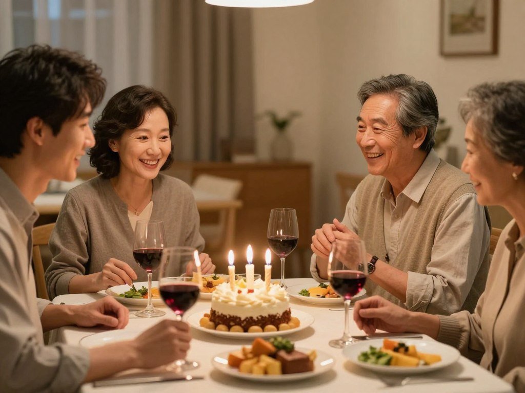 An adult son and his parents enjoying a special birthday dinner with candles and wine