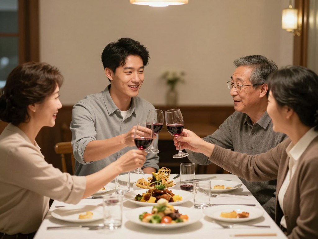 An adult son and his parents sharing a toast during a birthday dinner celebration