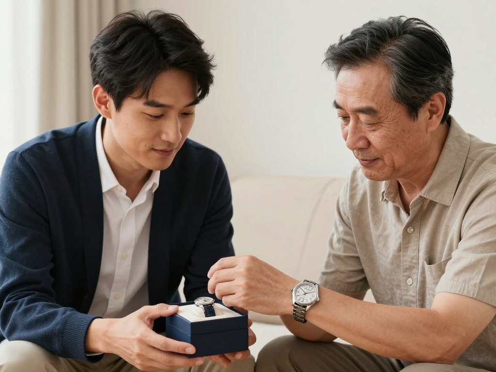 An adult son receiving a quality watch as a birthday gift from his father