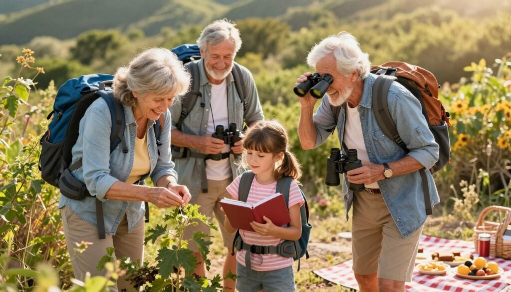 An adventure-themed birthday celebration with a granddaughter and grandparents exploring nature, with hiking gear, a picnic setup, and beautiful outdoor scenery