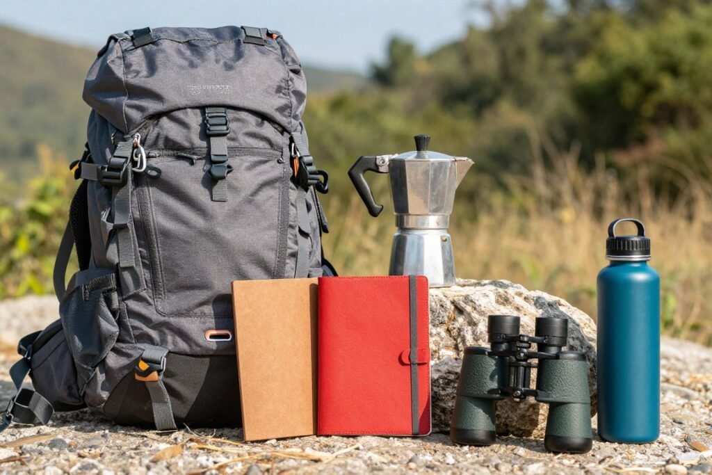 An arrangement of adventure-themed birthday gifts including a high-quality hiking backpack, portable espresso maker, and adventure journal An arrangement of adventure-themed birthday gifts including a high-quality hiking backpack, portable espresso maker, and adventure journal