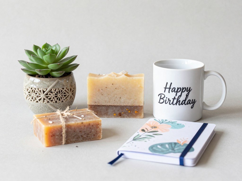 An arrangement of affordable but thoughtful birthday gifts including a potted succulent, handmade soap, and a personalized mug An arrangement of affordable but thoughtful birthday gifts including a potted succulent, handmade soap, and a personalized mug