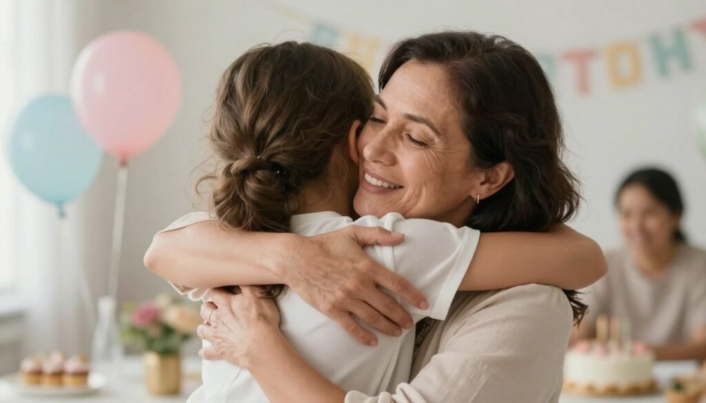 An aunt and niece embracing during a birthday celebration, showing their special bond, no text overlay An aunt and niece embracing during a birthday celebration, showing their special bond, no text overlay