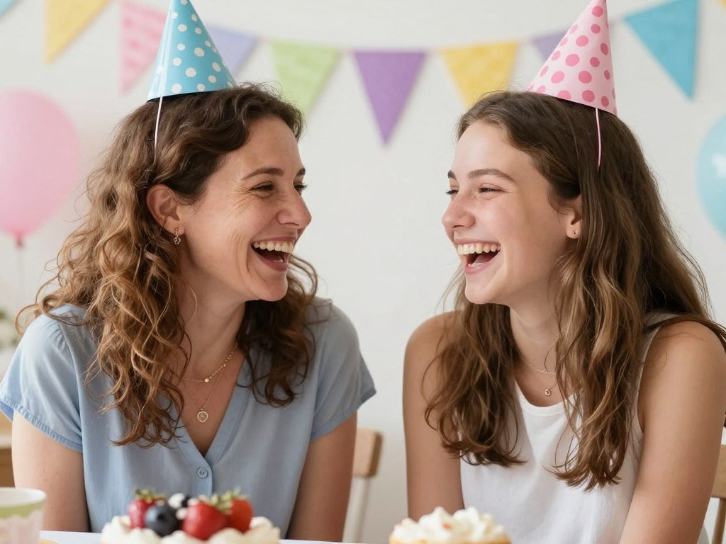An aunt and niece laughing together during a birthday celebration, no text overlay An aunt and niece laughing together during a birthday celebration, no text overlay