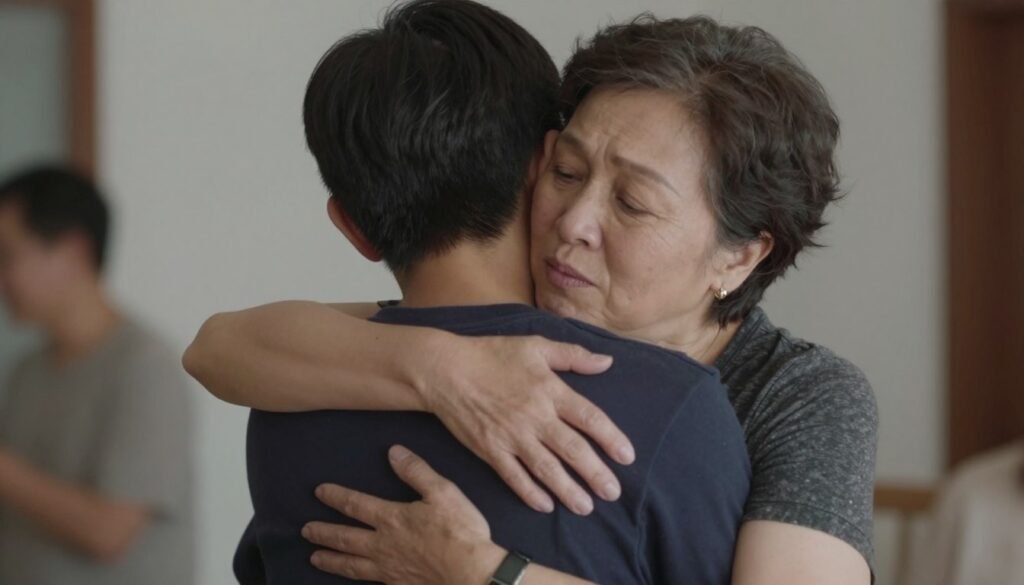 An aunt or uncle and nephew sharing a warm embrace or meaningful conversation during a birthday celebration