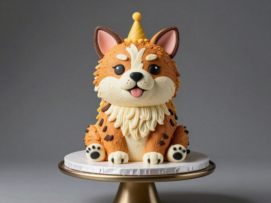 An elaborate 3D sculpted birthday cake shaped like an animal or character with intricate fondant details An elaborate 3D sculpted birthday cake shaped like an animal or character with intricate fondant details