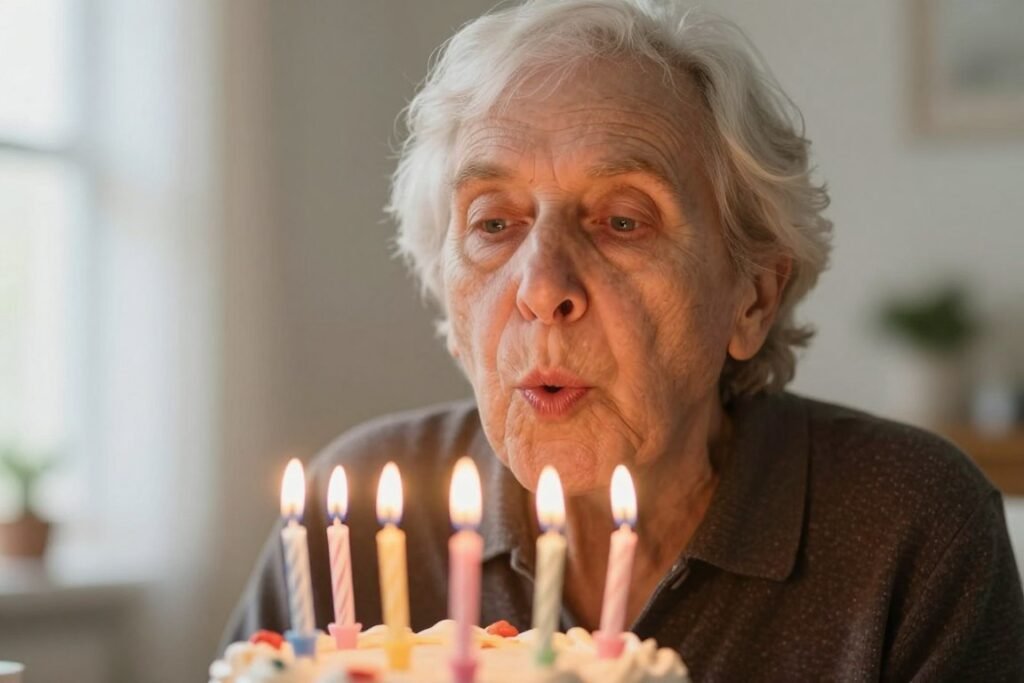 An elderly person blowing out birthday candles with exaggerated effort, perfect for a funny happy birthday celebration An elderly person blowing out birthday candles with exaggerated effort, perfect for a funny happy birthday celebration