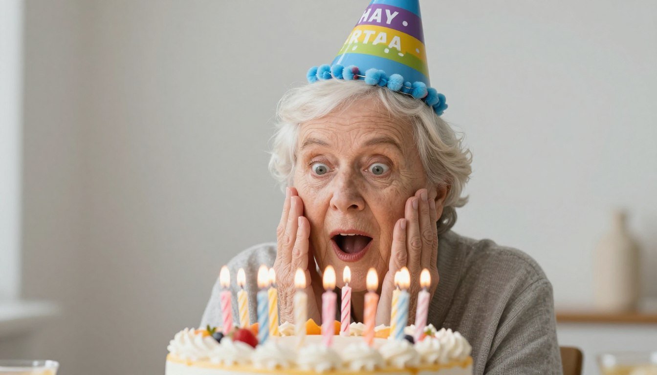 An elderly person wearing a party hat and making a funny face while looking at a birthday cake with too many candles to count, representing happy birthday funny humorous