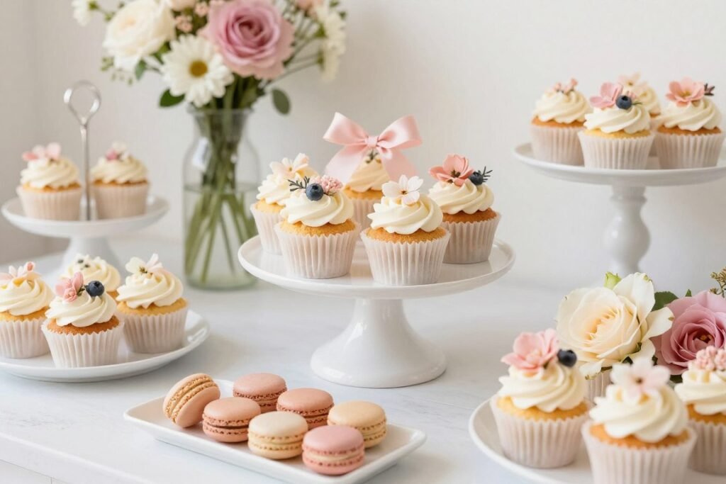 An elegant birthday dessert display with cupcakes and decorations
