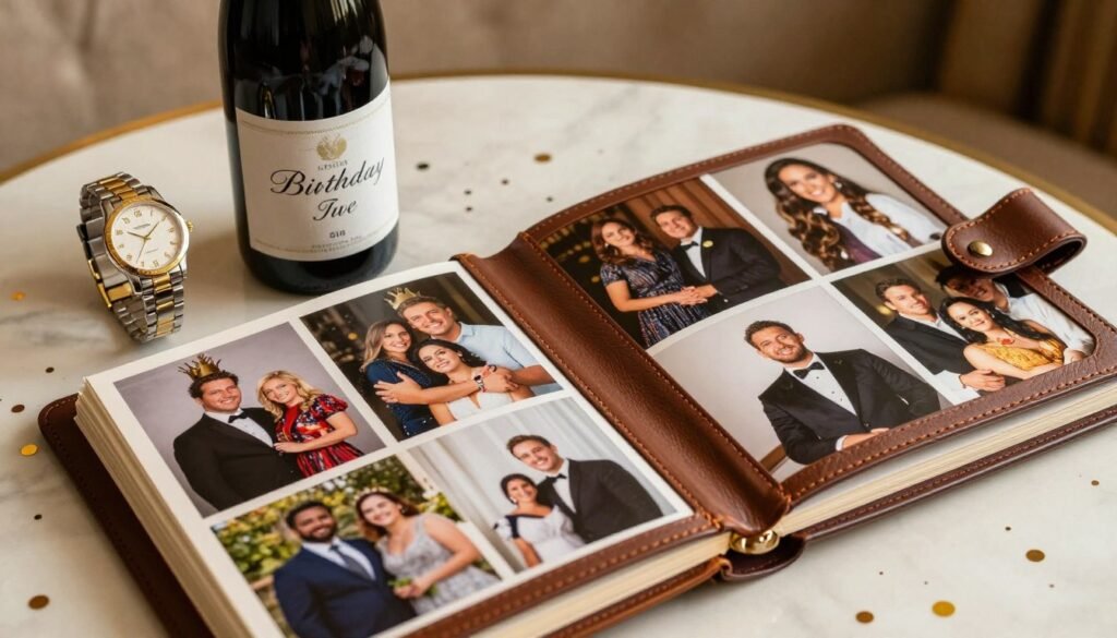 An elegant display of milestone birthday gifts including a luxury watch, vintage wine bottle, and custom photo album chronicling life moments An elegant display of milestone birthday gifts including a luxury watch, vintage wine bottle, and custom photo album chronicling life moments
