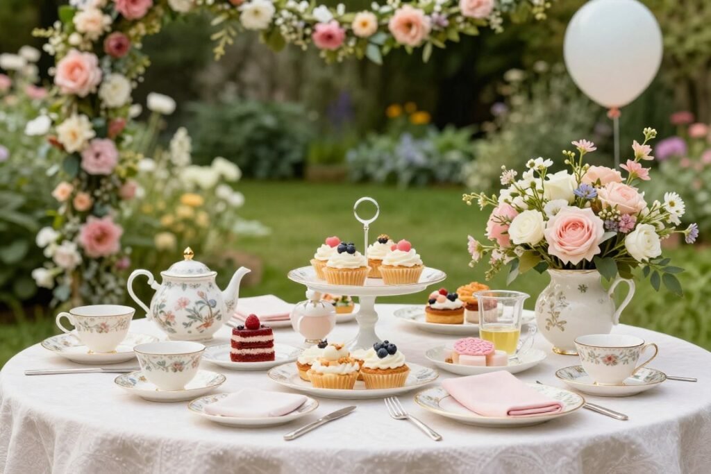 An elegant garden tea party setup for a granddaughter's birthday with floral decorations, vintage teacups, and delicate pastries arranged on a beautifully decorated table
