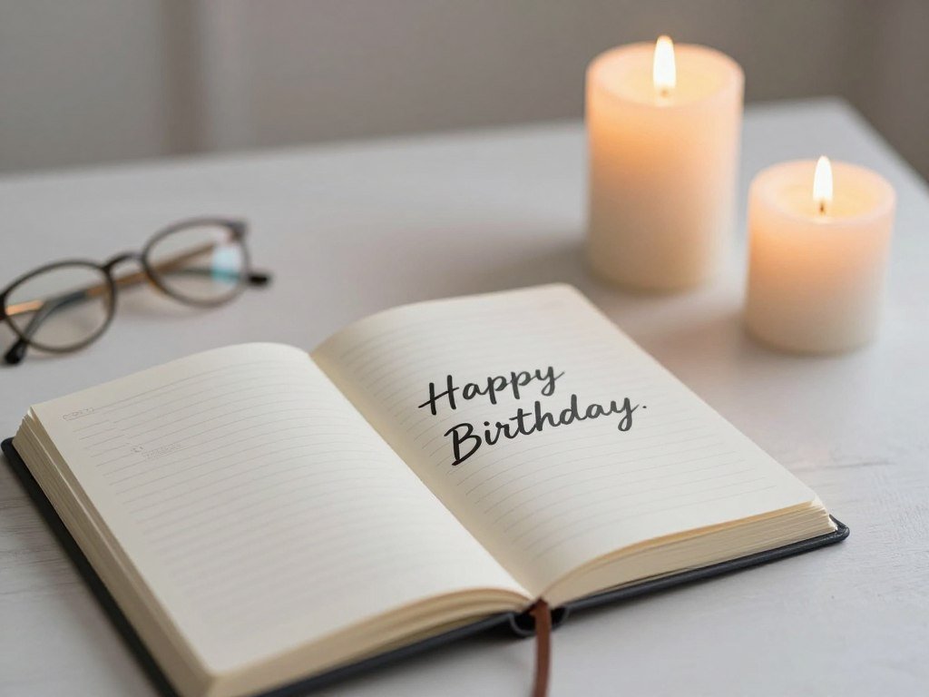 An inspirational birthday setting with journal and candles