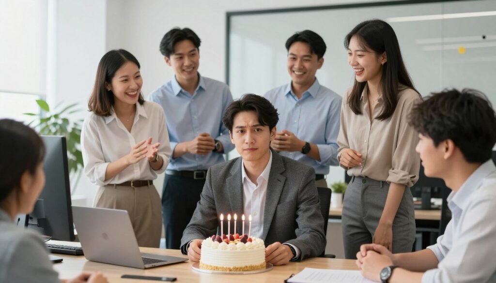 An office birthday celebration with coworkers laughing around a cake, perfect for happy birthday funny humorous workplace content