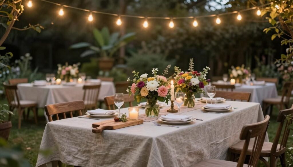 An outdoor garden party setup with string lights, flowers, and rustic elements for a happy birthday friend celebration
