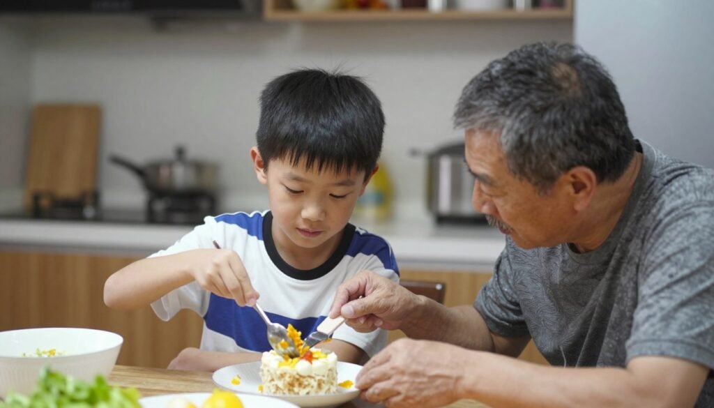 An uncle teaching his nephew a family tradition on his birthday, such as cooking a special recipe together