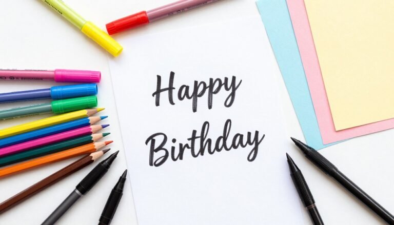Art supplies for cute happy birthday drawings including colored pencils, markers, and paper