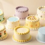 Assorted colorful bento cakes in various designs including floral patterns and minimalist styles