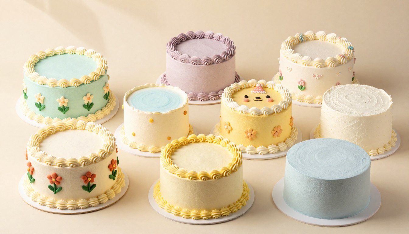 Assorted colorful bento cakes in various designs including floral patterns and minimalist styles