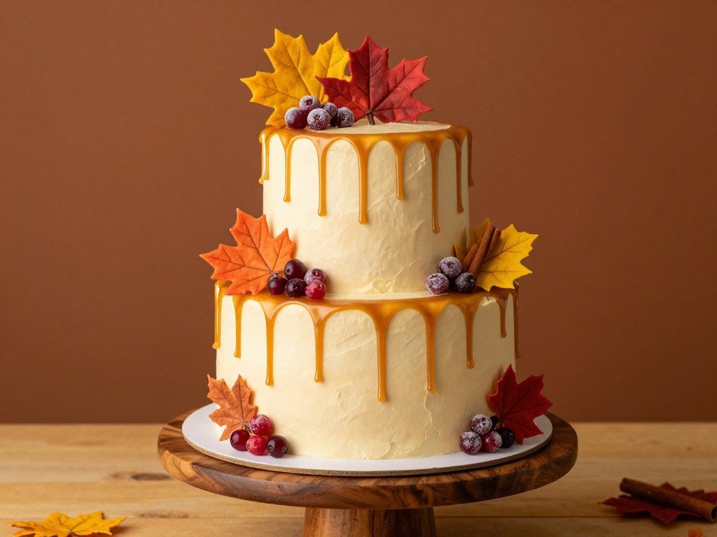 Autumn cake with maple leaves and caramel drip