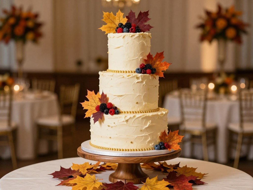Autumn wedding cake with fall foliage, berries, and warm color palette