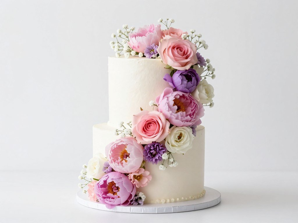 Baby shower cake with cascading fresh flowers in pastel colors