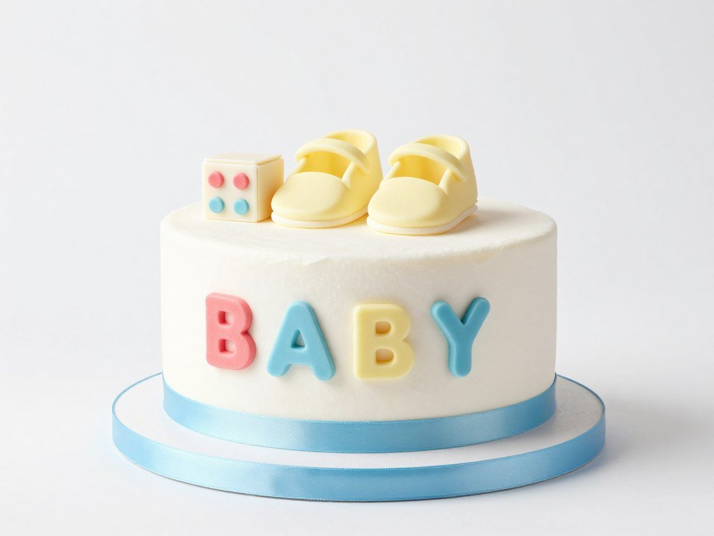 Baby shower cake with fondant alphabet blocks and tiny baby shoes