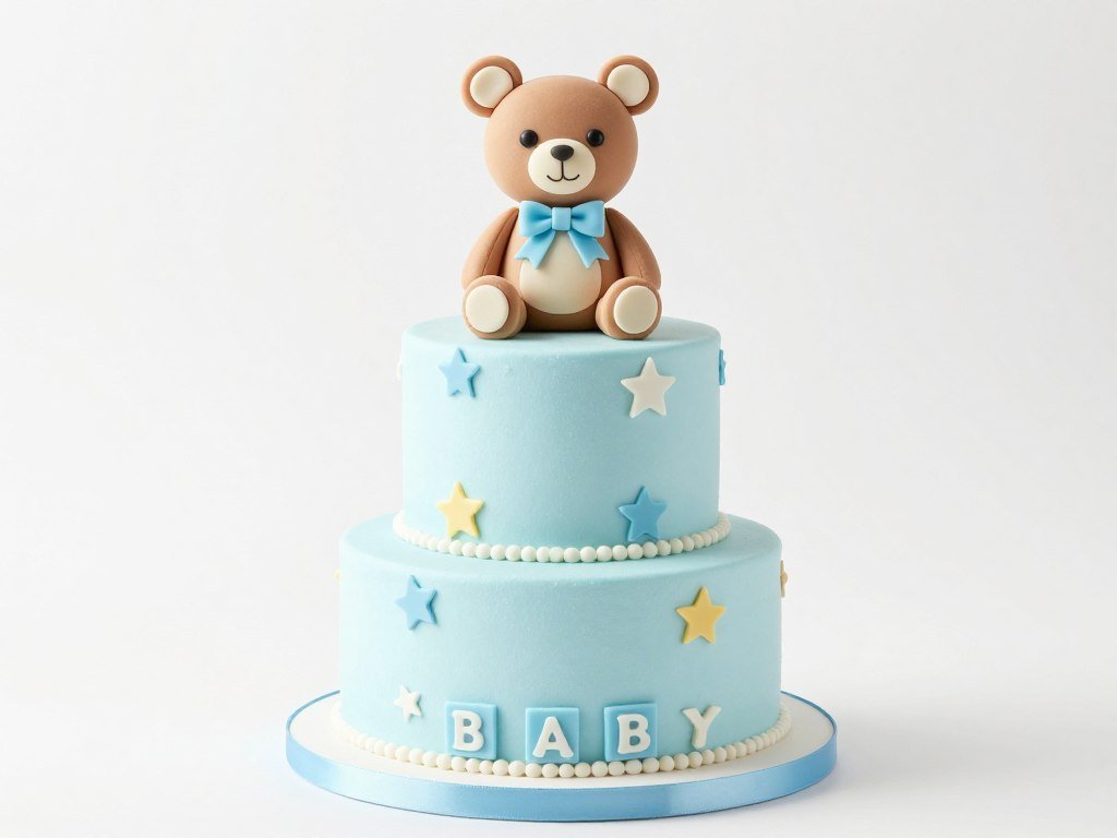 Baby shower cake with fondant teddy bear topper and pastel decorations