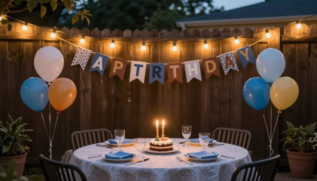 Backyard birthday celebration setup with simple decorations