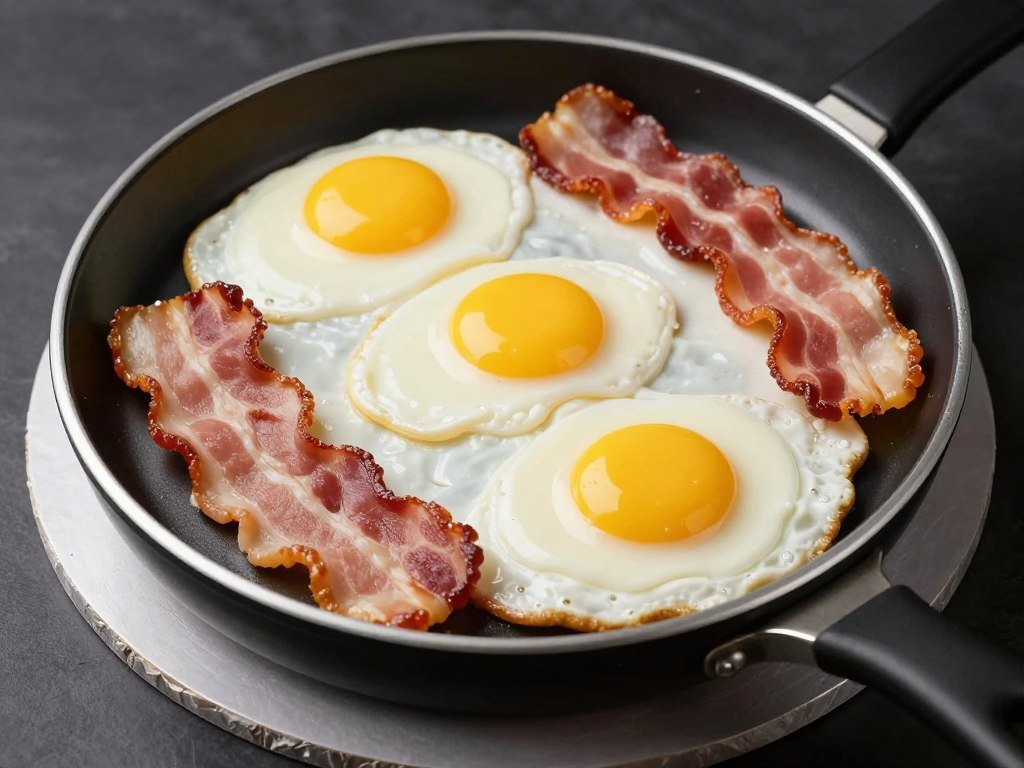 Bacon and eggs breakfast cake designed to look like a frying pan with realistic fondant bacon and eggs
