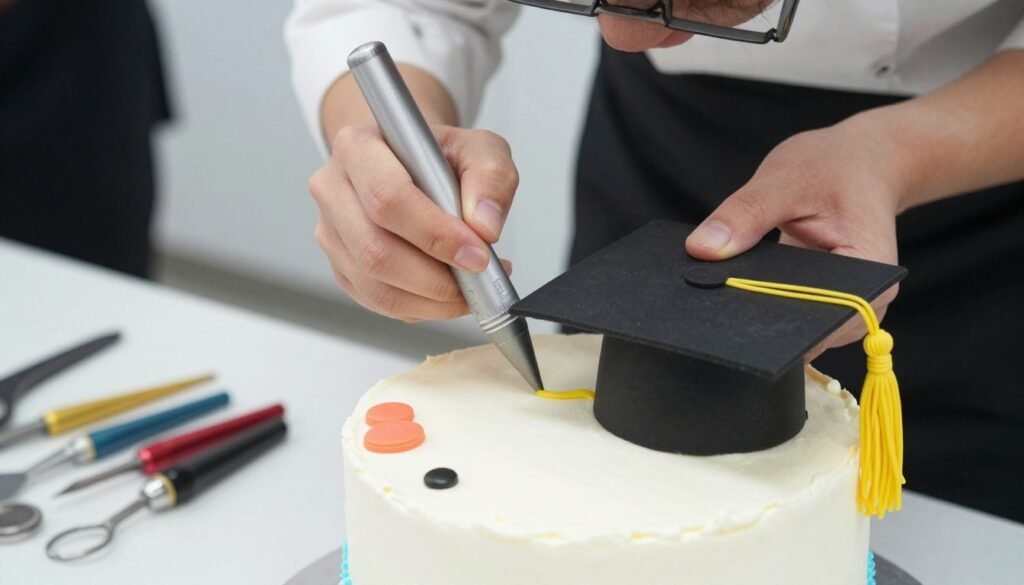 Baker decorating a graduation cake with precision tools