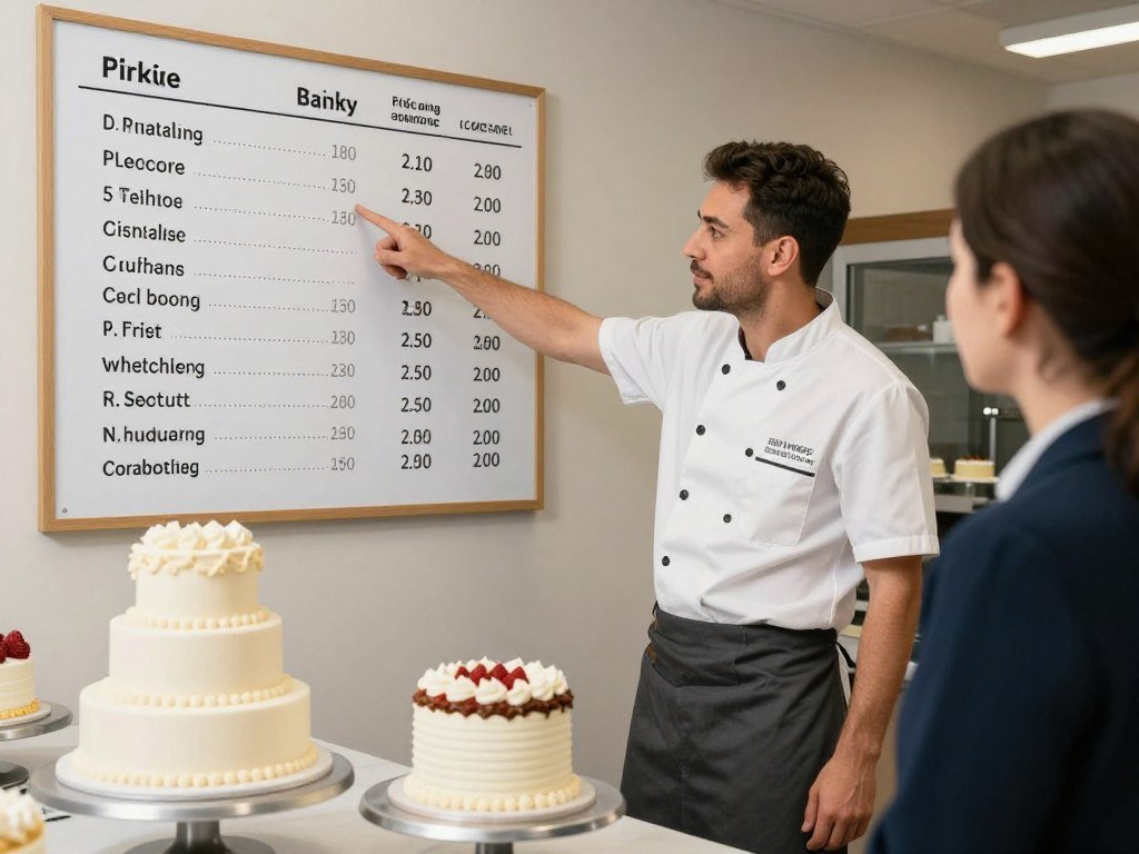 Baker explaining cake pricing structure to client