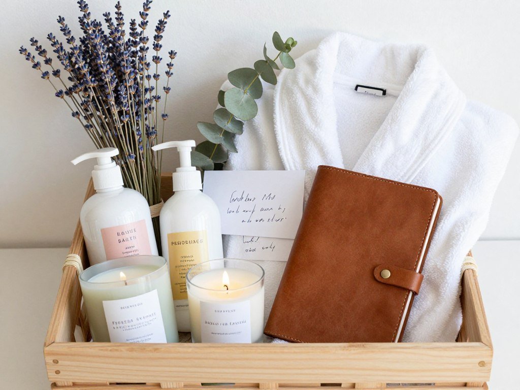 Beautifully arranged self-care gift basket for happy birthday woman