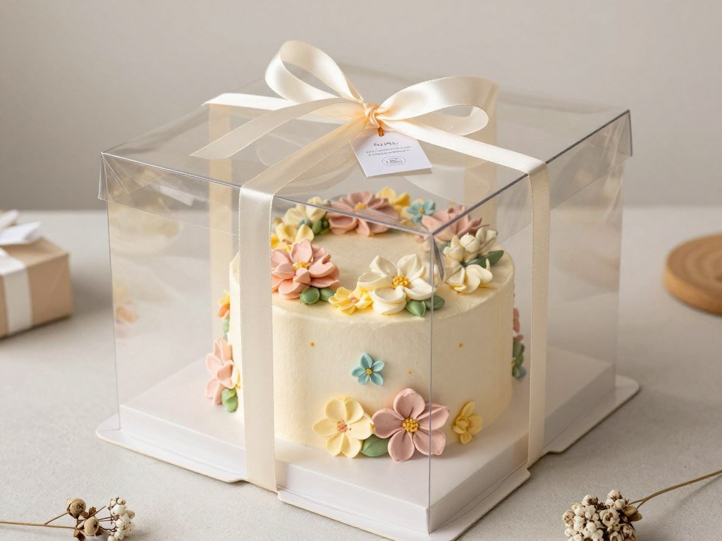 Beautifully packaged bento cake in a transparent box with decorative elements