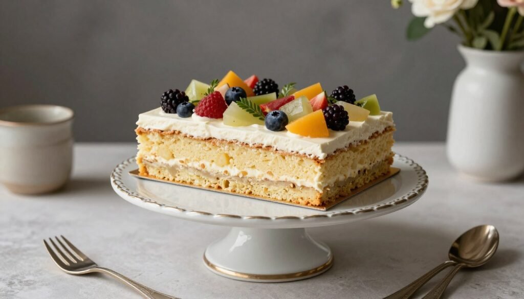 Beautifully presented sheet cake on a decorative stand with coordinated serving utensils and garnishes