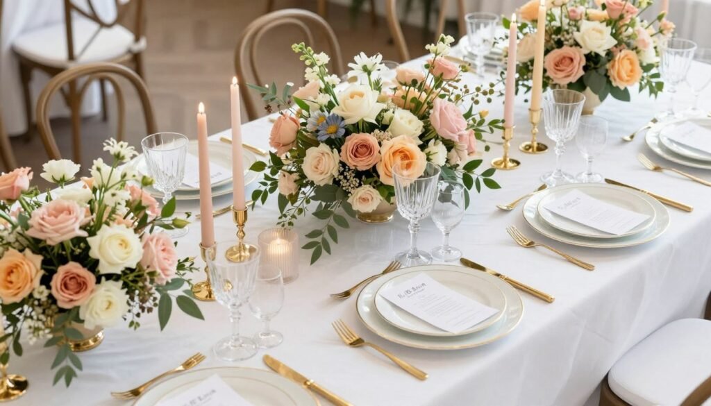 Beautifully styled birthday dinner table with floral centerpieces, candles, and place settings Beautifully styled birthday dinner table with floral centerpieces, candles, and place settings