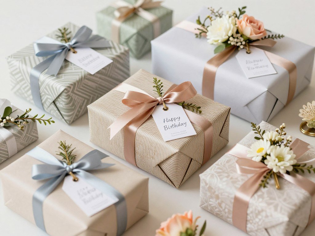 Beautifully wrapped birthday gifts with custom wrapping paper, ribbons, and decorative elements Beautifully wrapped birthday gifts with custom wrapping paper, ribbons, and decorative elements