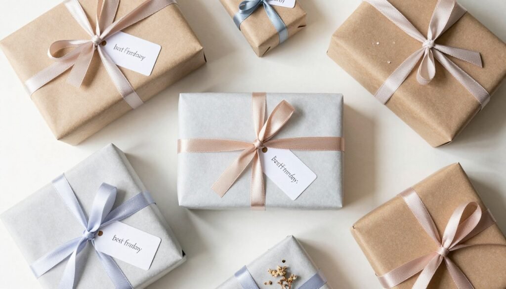 Beautifully wrapped birthday gifts with ribbons and personalized tags