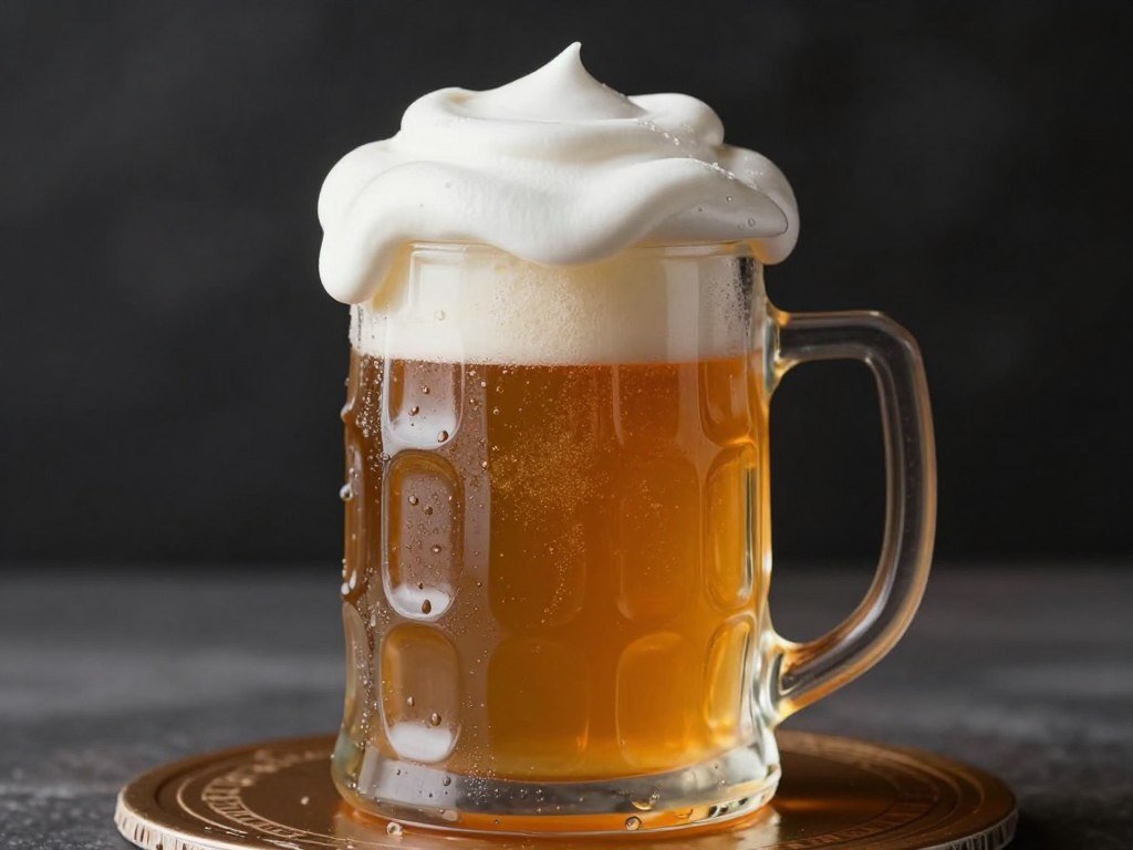 Beer mug cake with realistic foam top and amber-colored cake visible through transparent 'glass' effect